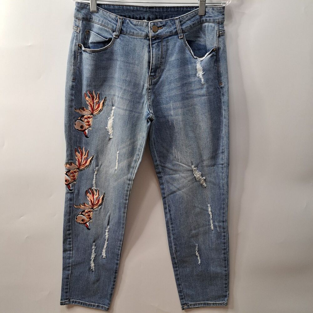 For the Republic Denim Women Blue Embroidered Fish Bootcut Distressed Jeans 8/28